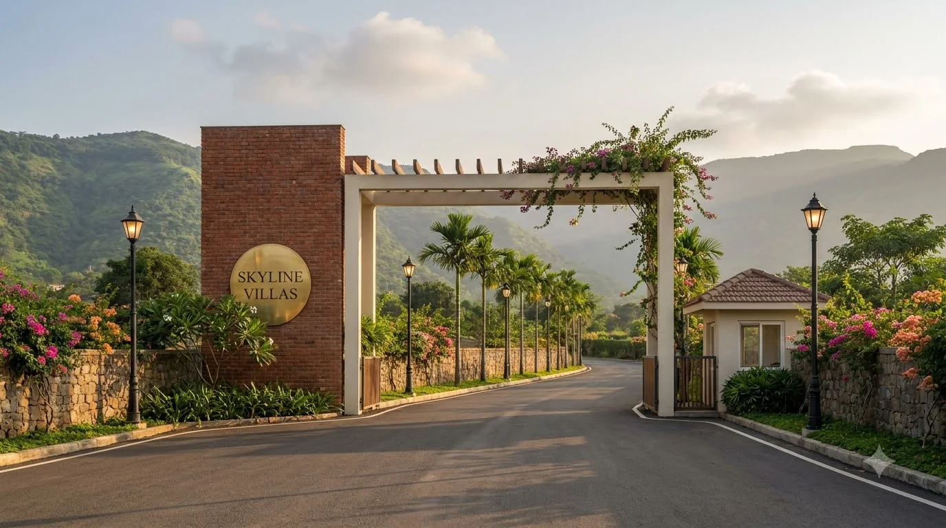 Entrance gate with brick pillar, pergola portal and security cabin (artist's impression)