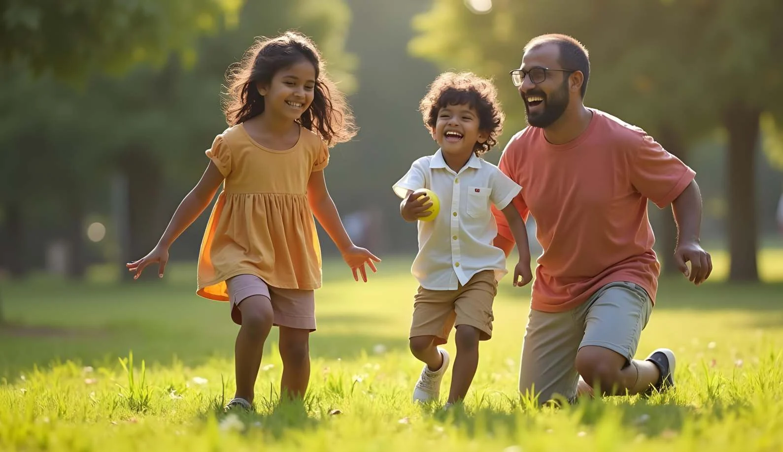 A father and two children running across a sunlit lawn