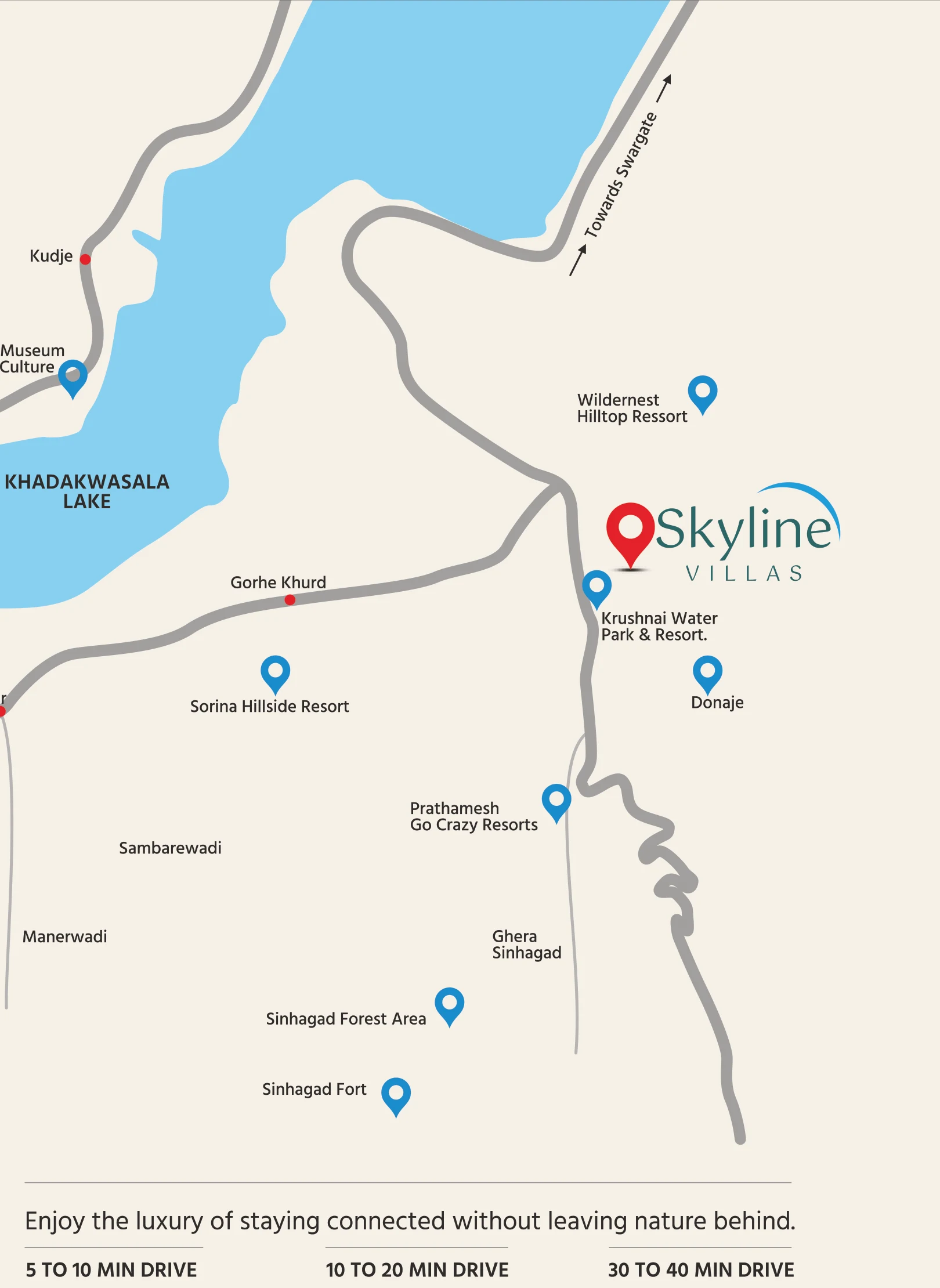 Map showing Skyline Villas near Krushnai Water Park, Khadakwasla Lake and Sinhagad Fort