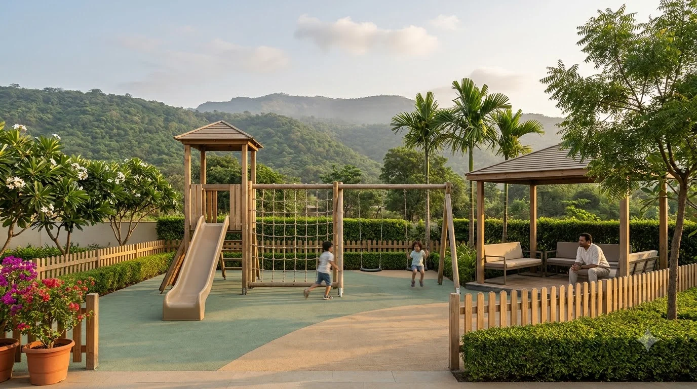 Children's play area with timber play tower, swings and gazebo (artist's impression)