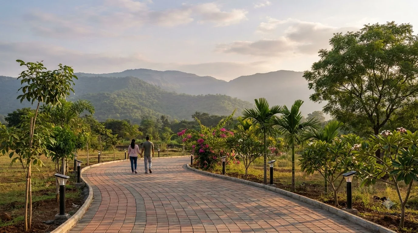 Paved walking track lined with young trees and bollard lights (artist's impression)